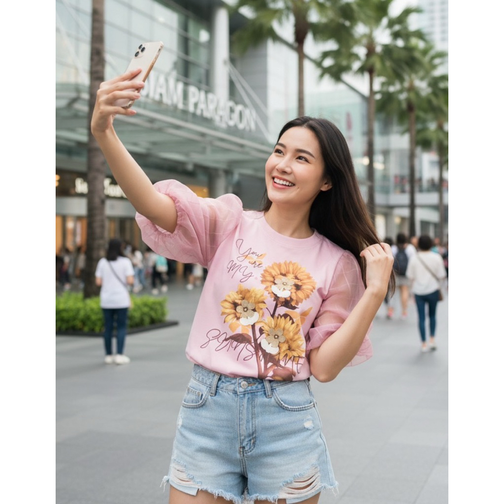 เสื้อยืด เสื้อแฟชั่น งานป้าย Jew_Berry[#1155]เสื้อยืดคอกลมสีพื้นแขนผ้าแก้วพองใหญ่ หน้าอกสกรีนดอกทานตะวัน3ดอก+ดอกไม้3มิติ