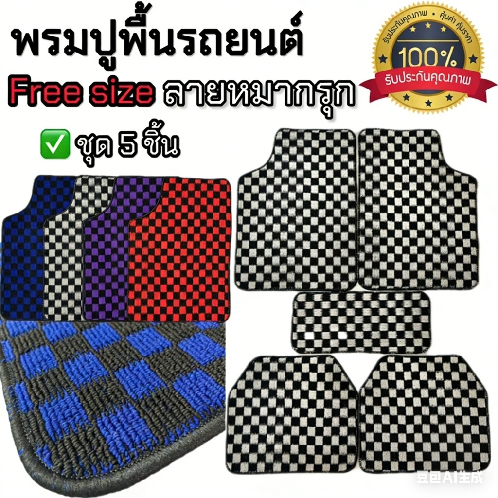 พรมรถยนต์ ลายหมากรุก 5 สี รุ่นหนาพิเศษ ผืนใหญ่ เกรดพรีเมียม ชุด 5 ชิ้น Free size ใส่ได้กับทุกรุ่น