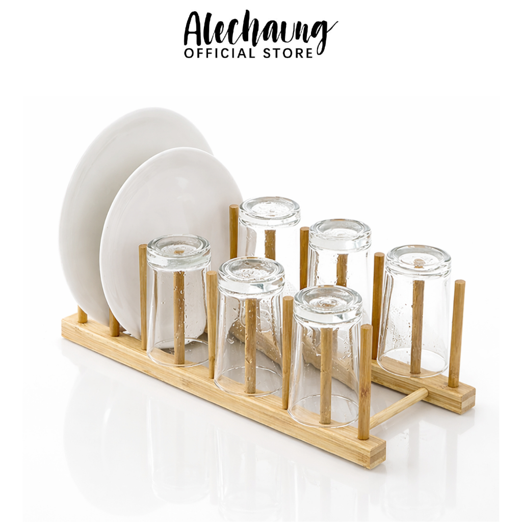 Alechaung ชั้นวางจานไม้ไผ่ ชั้นวางจานในครัว Dish rack เคลือบผิวเรียบ ไม่มีมุมคม ระบายน้ำได้ง่าย