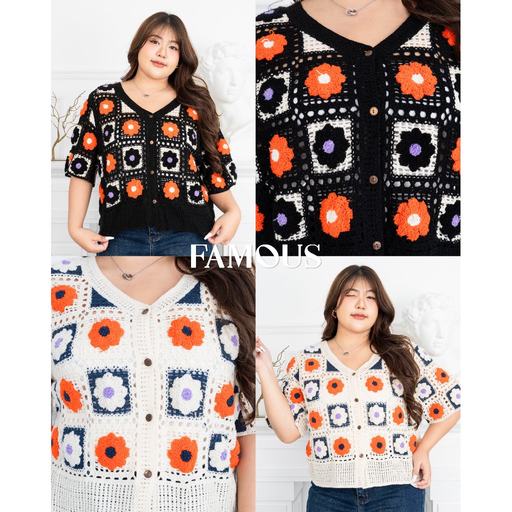 เสื้อถักคอวีแขนสั้น ดอกสีส้ม ดำ ครีม #Mellowgal" #FMBL-FK1406