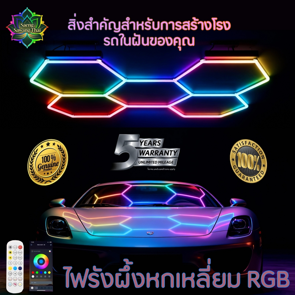 ไฟเพดานรังผึ้ง RGB แบบหกเหลี่ยม แสงสีสวย เปลี่ยนโหมดได้ เหมาะสำหรับโรงรถ ห้องเกม ยิม อู่รถ AC 220V พร้อมใช้งาน