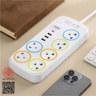 Panasi ปลั๊กไฟ 6ช่อง 3USB-1Type-c สามตา3ตา ปลั๊กพ่วง รางปลั๊กไฟ มาตรฐาน มอก. 10A 2300W power socket พร้อมสวิตช์ปิด-เปิด