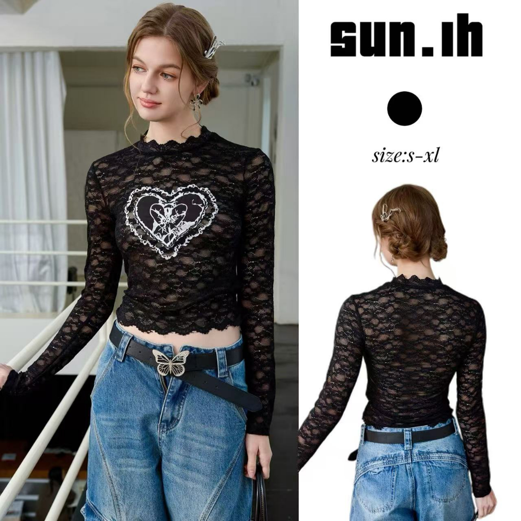 SUN🛍️พร้อมส่ง🛍️เสื้อครอปแขนสั้นปักลายหัวใจลูกไม้สไตล์เรโทรอเมริกัน เสื้อยืดแขนยาวน่ารักและเท่
