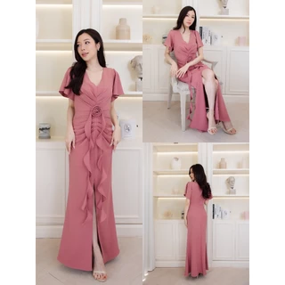 ชุดออกงาน ชุดเพื่อนเจ้าสาว koolykool(พร้อมส่ง S-4XL) คอวีแขนสั้นจีบๆกระโปรงยาวผ้าทวิล แถมดอกไม้สายเกลียวห้อย CD00