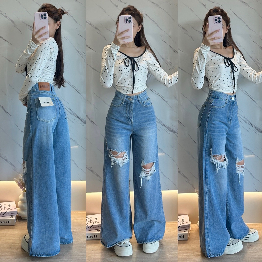 CHANA : Baggy Jeans #8726 ทรงขาบานเอวสูง แต่งสไตล์วินเทจขาด ผ้าไม่ยืด
