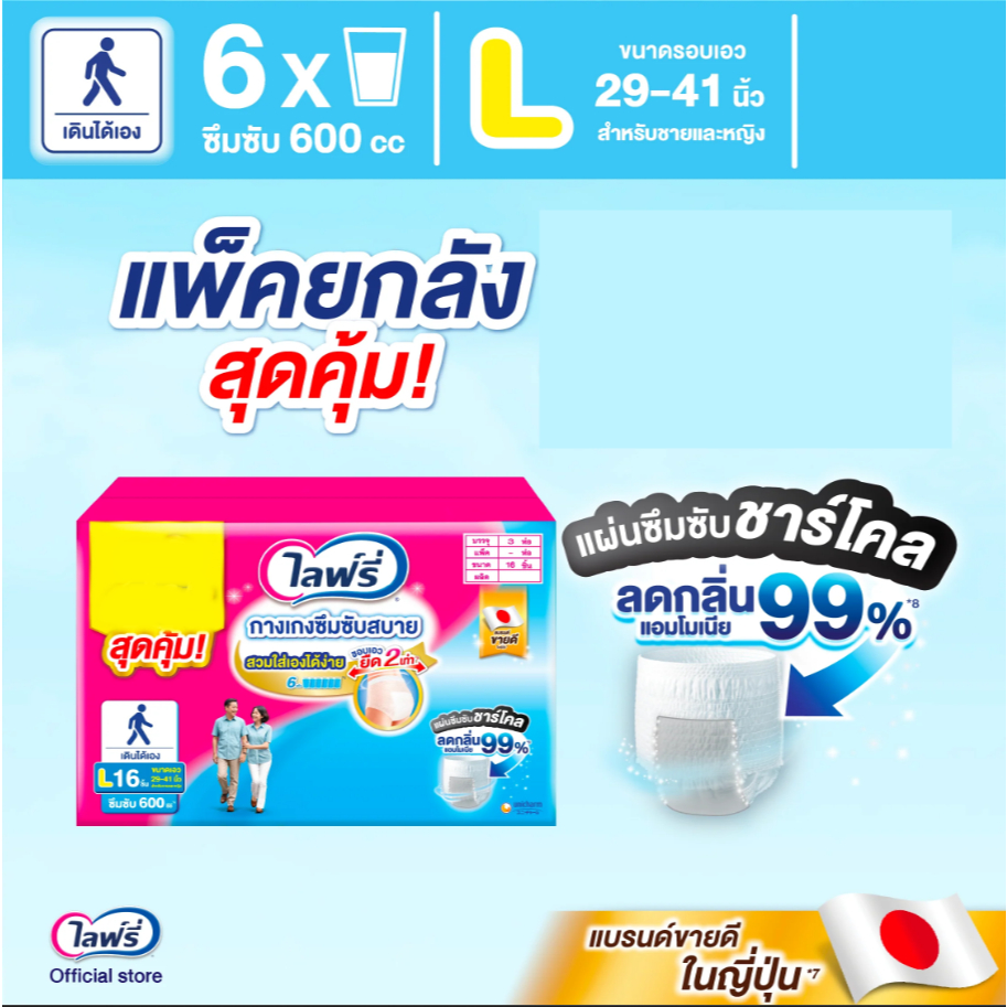 ยกลัง 4 ห่อ(ใส่กล่องทางร้าน) รุ่นแผ่นซึมซับ ชาร์โคล Lifree ผ้าอ้อมผู้ใหญ่ กางเกงซึมซับสบาย แอนตี้แบค+