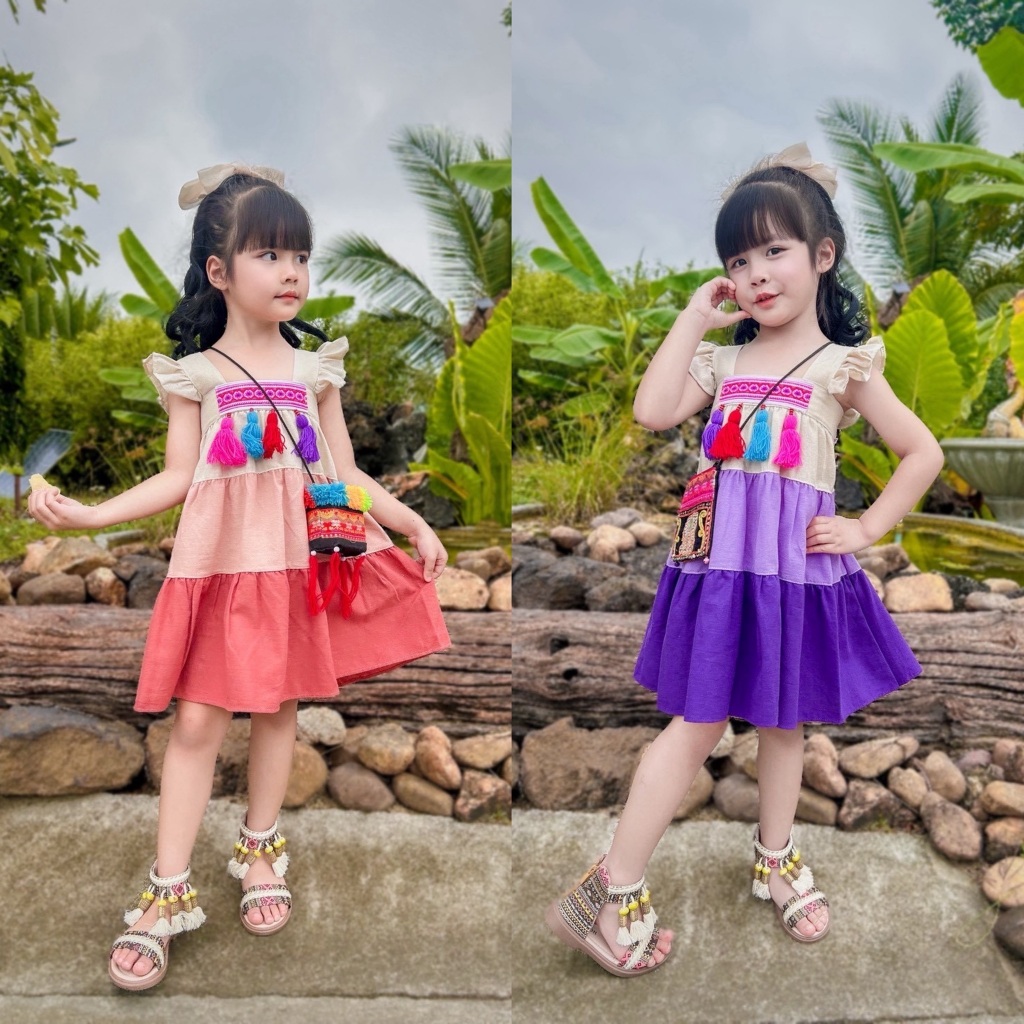 ชุดเด็กดอย ชุดพื้นเมือง เดรสขนมชั้นเด็กผู้หญิง ผ้าฝ้าย