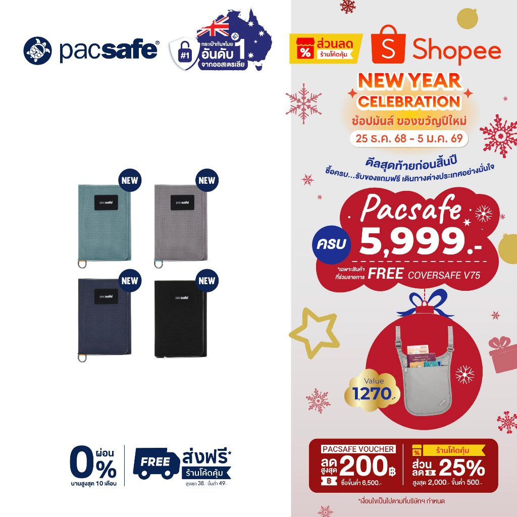 Pacsafe RFIDSAFE RFID BLOCKING TRIFOLD WALLET ANTI-THEFT กระเป๋าสตางค์ กระเป๋ากันขโมย