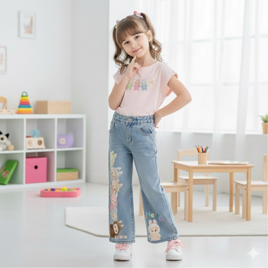 [Y D] พร้อมส่ง ชุดเซ็ต2ชิ้นเด็กผู้หญิง เสื้อยืดสีชมพูรูดข้าง+กางเกงยีนส์ขายาว ลายการ์ตูนมาใหม่#384