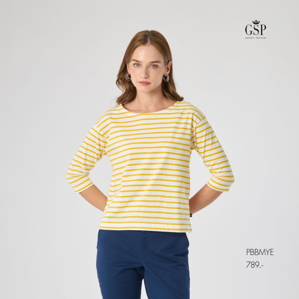 GSP woman's Tee shirt Lucky stripes เสื้อยืด แขนสามส่วน สีดำริ้วขาว P9XPBL