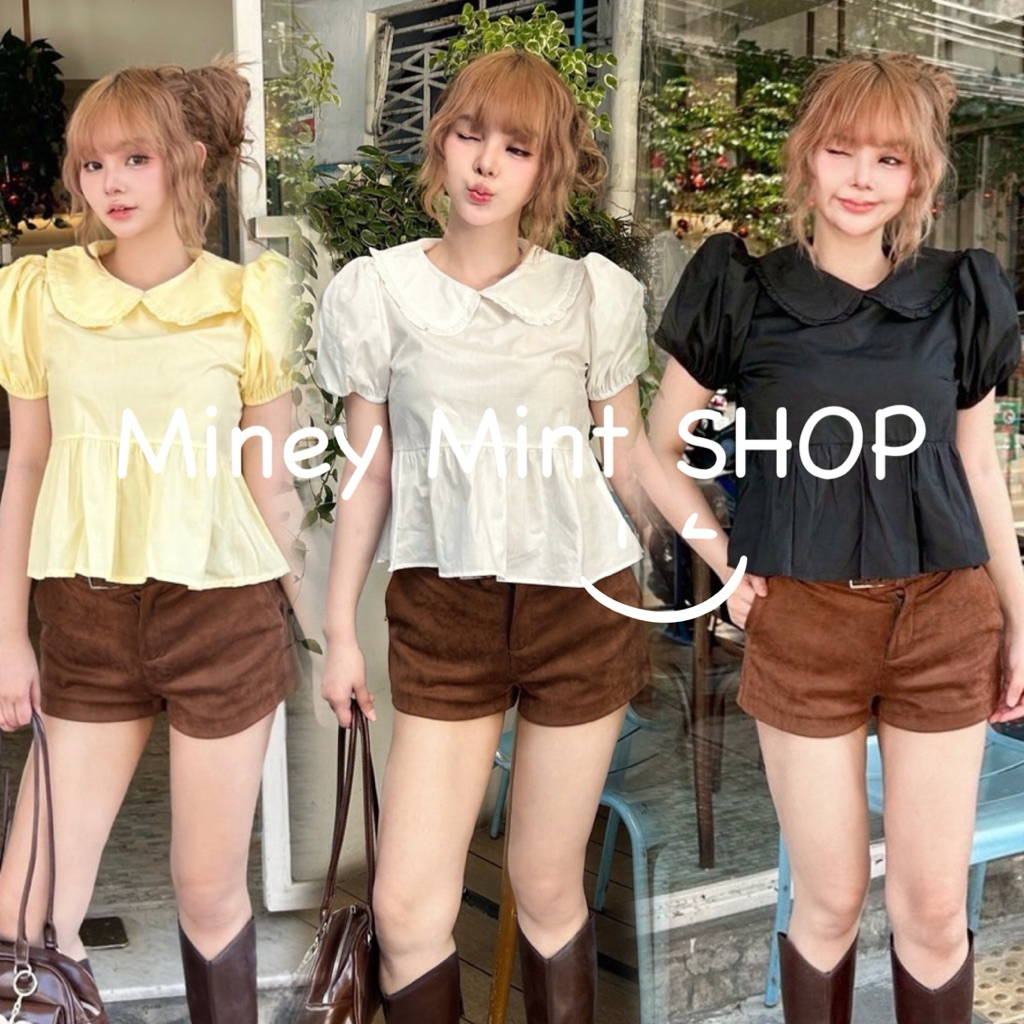 miniminey🌸 เสื้อคอบัว ผ้าคอตตอน สีพื้น ทรงแขนพองลุคเจ้าหญิง งาน NUSA