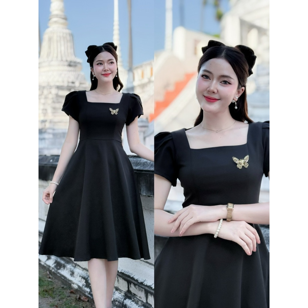 D21 เดรสสีดำคอเหลี่ยมแขนกลีบบัว ทรงบาน ทรงสุภาพใส่ทำงานได้ ยาว40“