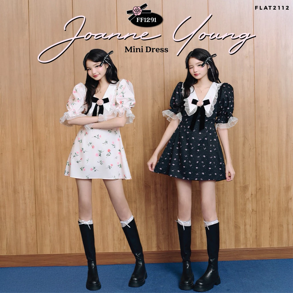 FLAT2112 : JOANNE YOUNG MINI DRESS เดรสสั้นลายดอกไม้ ดีเทลโบว์ใหญ่สุดคิ้วท์ ลุคคุณหนู สวยหวานใจละลาย (FF1291)