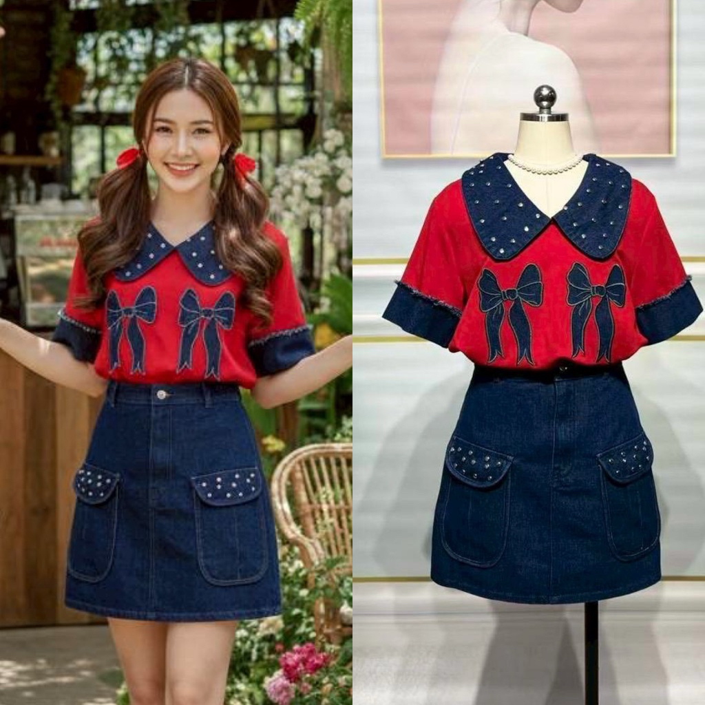ชุดยีนส์ เสื้อคอปก ปักโบว์ +กระโปรงยีนส์เอวสูง งานป้าย ananya