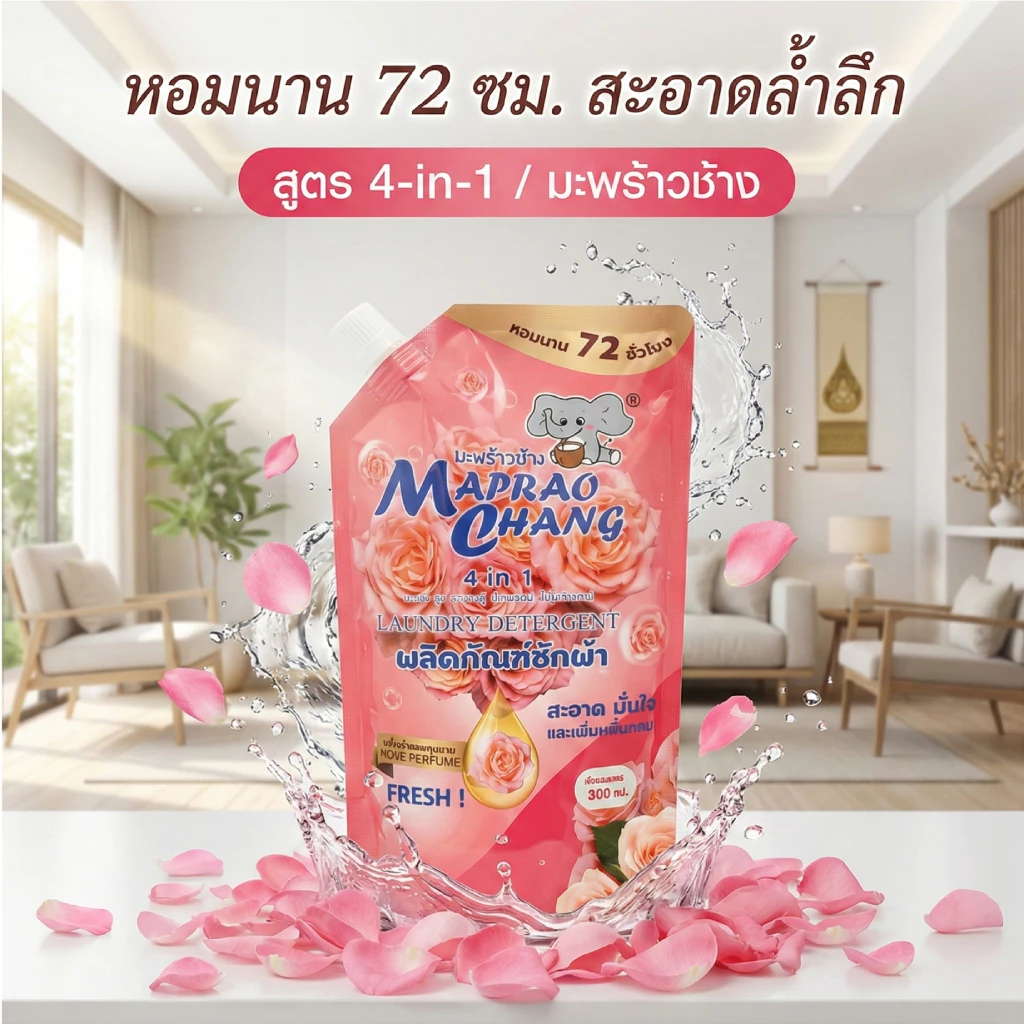 MAPRAOCHANG น้ำยาซักผ้า 4-in-1 ขจัดคราบล้ำลึก ปรับผ้านุ่ม กลิ่นมะพร้าว หอมสดชื่น 500 มล. สูตรเข้มข้น