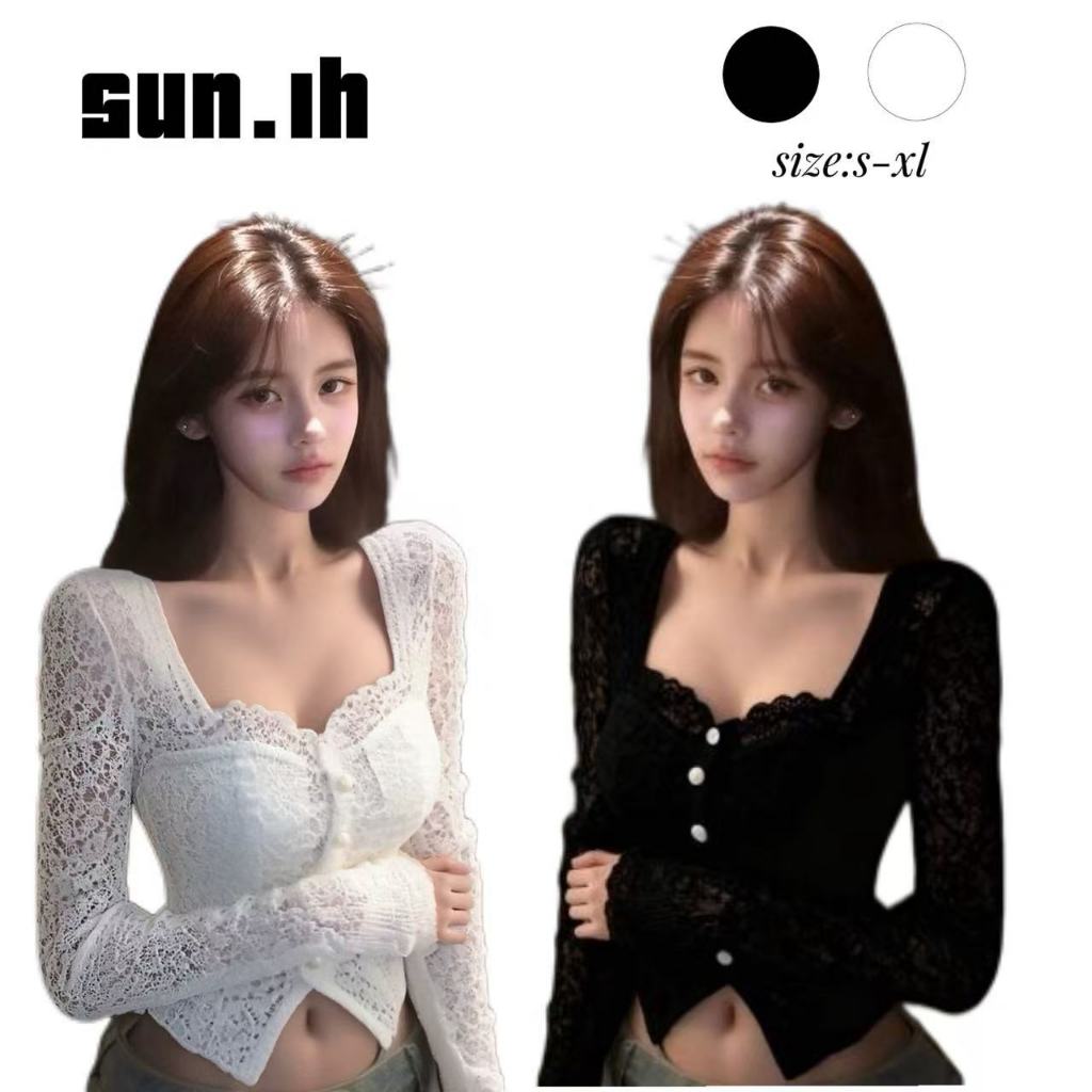 SUN ️พร้อมส่ง ️เสื้อเชิ้ตลูกไม้แขนยาวทรงเข้ารูปคอเหลี่ยมกระดุมแถวเดียวสไตล์ฝรั่งเศสหรูหราสำหรับผู้หญิง ดีไซน์หรูหราและสง – โปรปัง