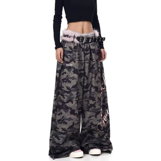 [Hairless belt, camouflage casual pants]ผู้หญิงสไตล์อเมริกันวินเทจสบาย ๆ แจ๊สเต้นรำพรางขากว้างกางเกง