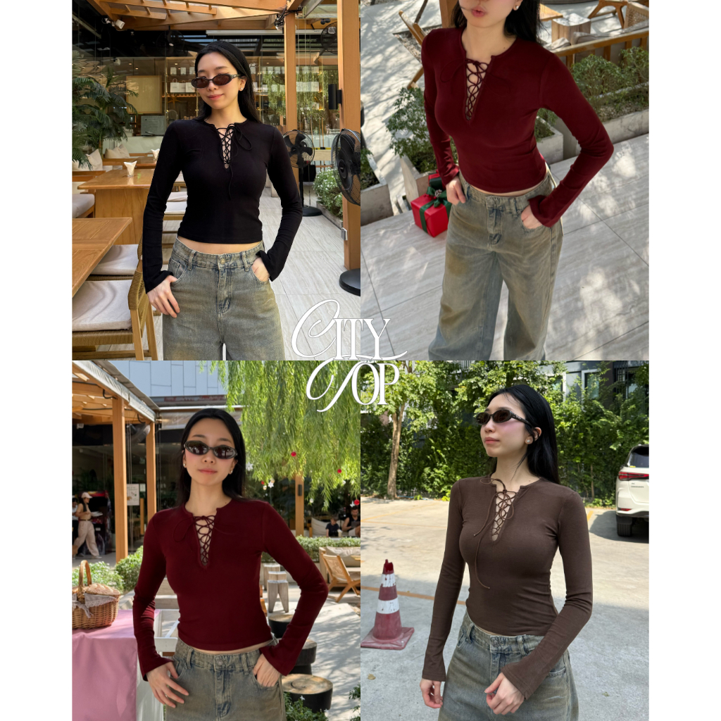 UIUI | CITY TOP เสื้อแขนยาวรัดรูป เชือกผูกด้านหน้า