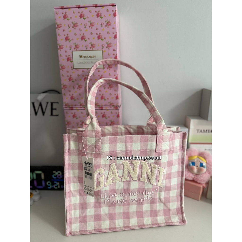 (แท้พรีจากเกาหลี)Ganni Women's Large Easy Shopper Beach Tote Bag Bleached Mauve A6893-038