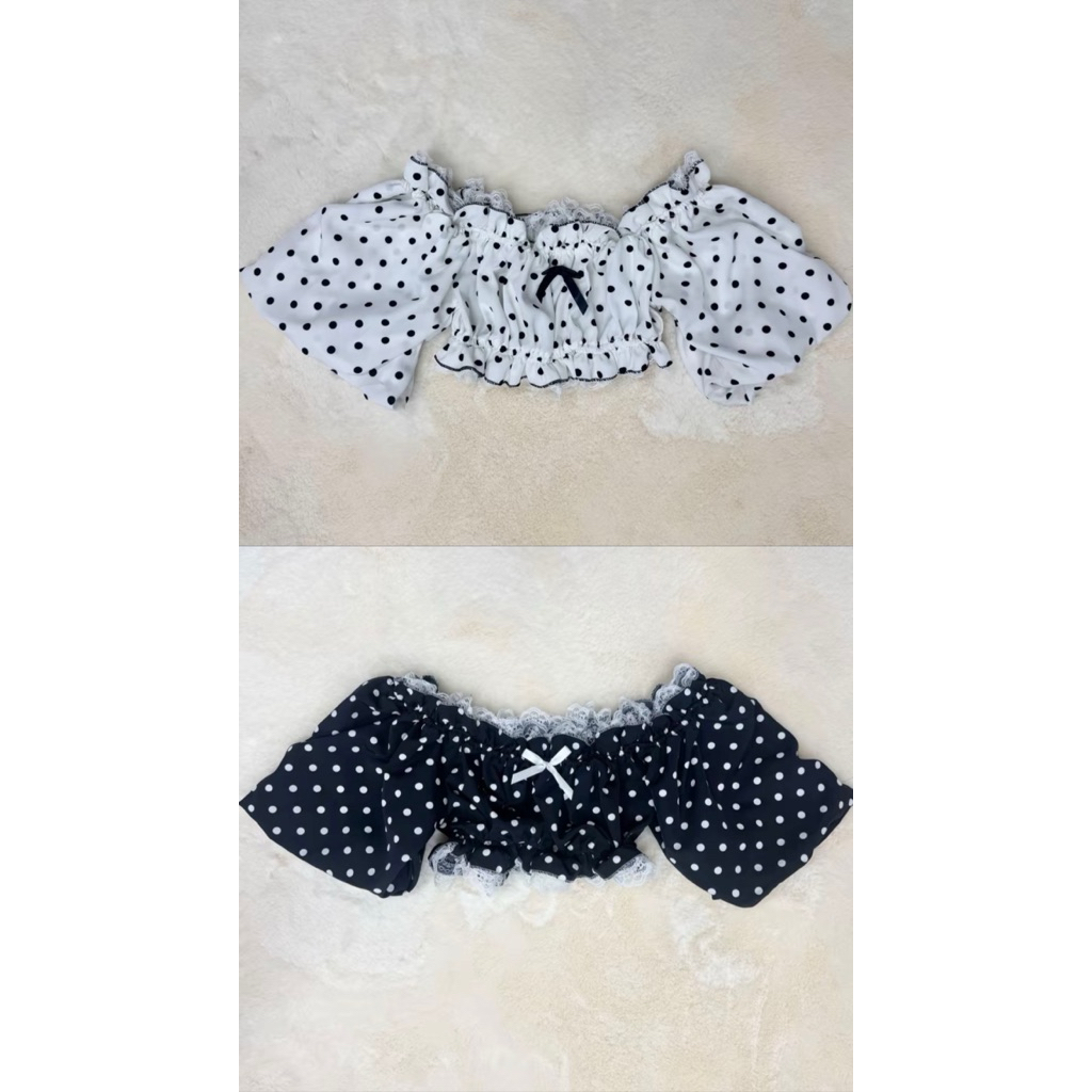 มี2สีขาว/ดำ เสื้อปาดไหล่ ลายPolkadot ใส่ยกแขนได้ ฟรีไซส์ อกถึง42 ความยาว9