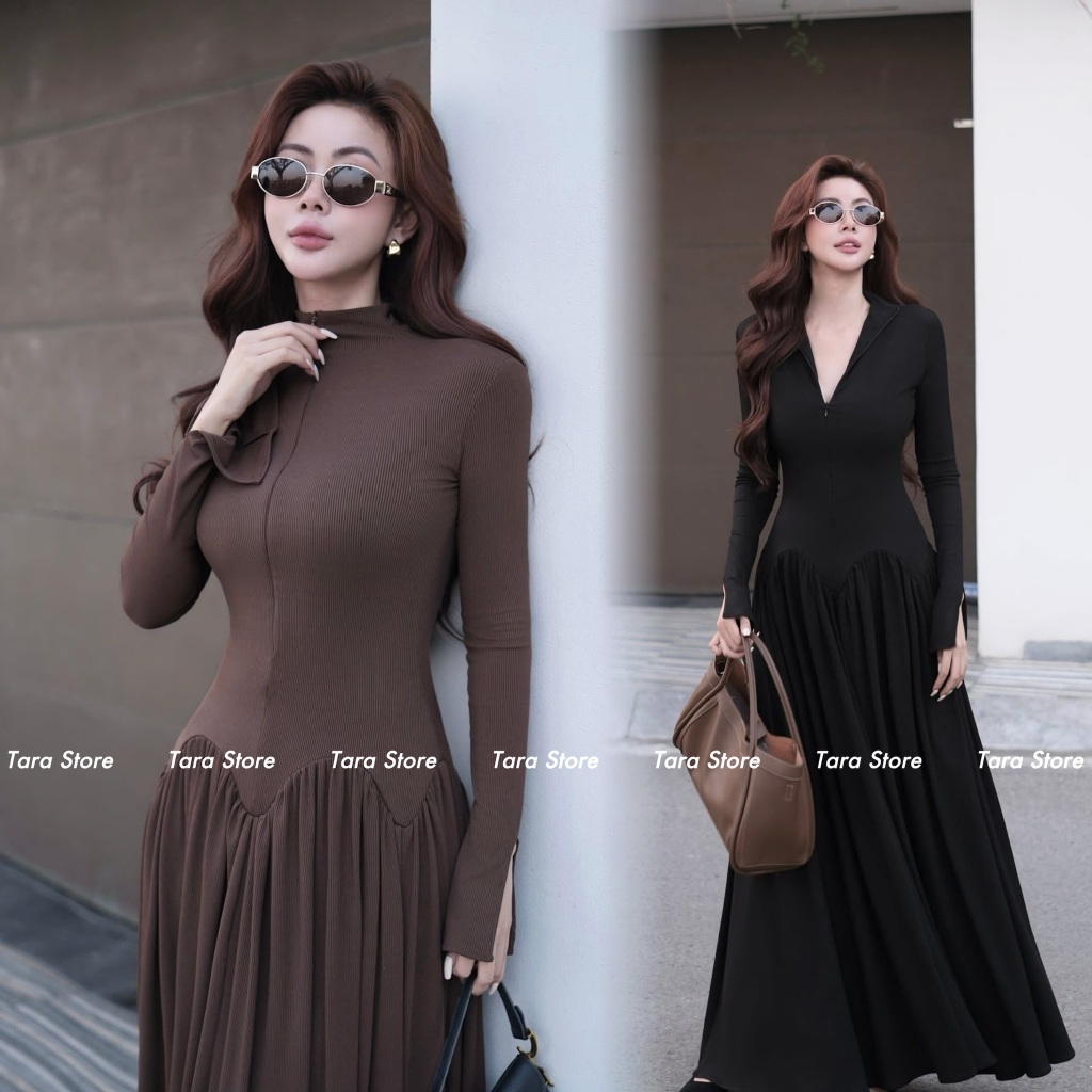 เดรสยาวผ้ายืด ซิปหน้าปรับได้ ใส่เที่ยว ใส่ออกงาน #G659