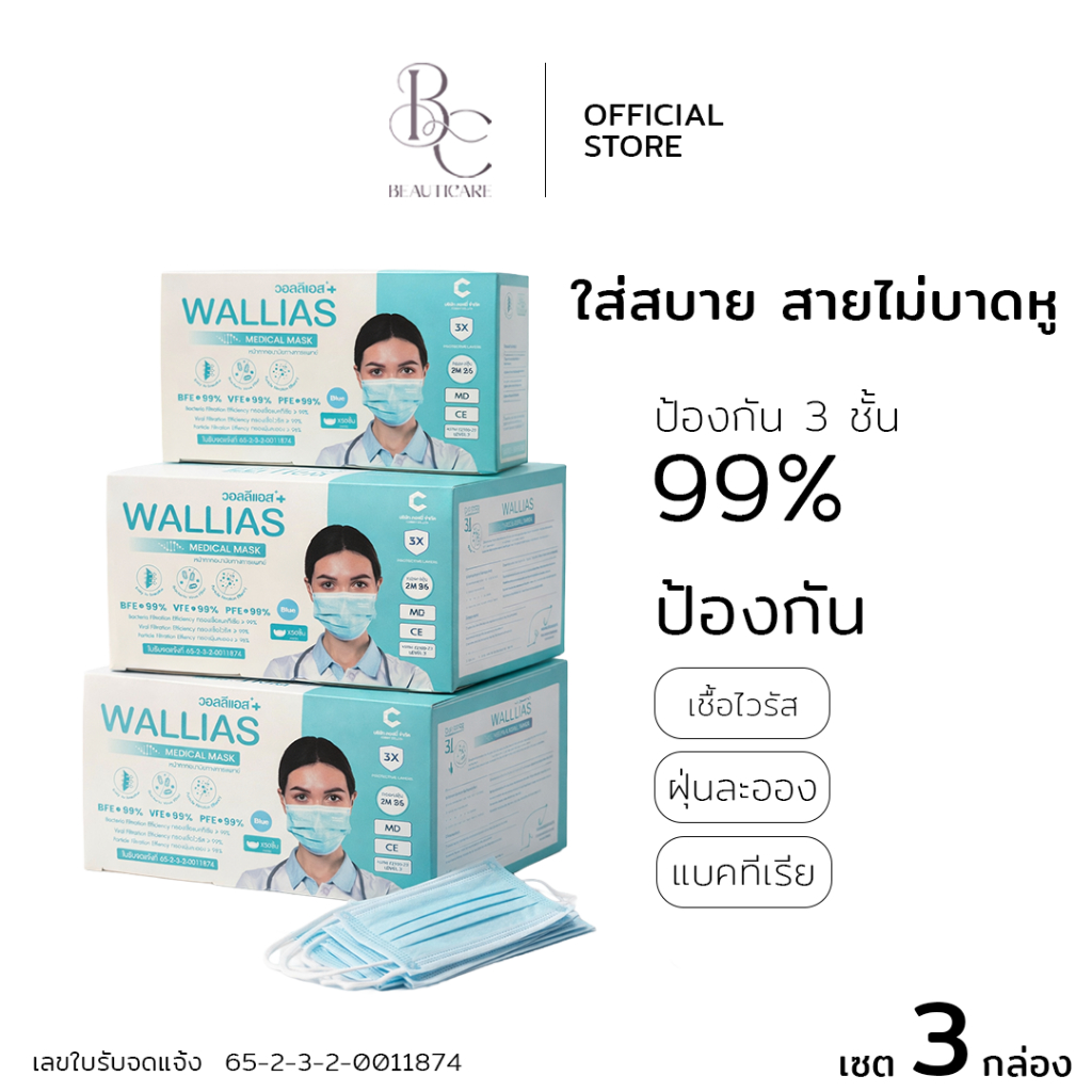 BEAUTICARE [เชต 3 กล่อง]  หน้ากากอนามัย ยี่ห้อ Wallias  เกรดการแพทย์ หนา 3 ชั้น แมส ป้องกัน ฝุ่น PM2.5 ไวรัส แบคทีเรีย