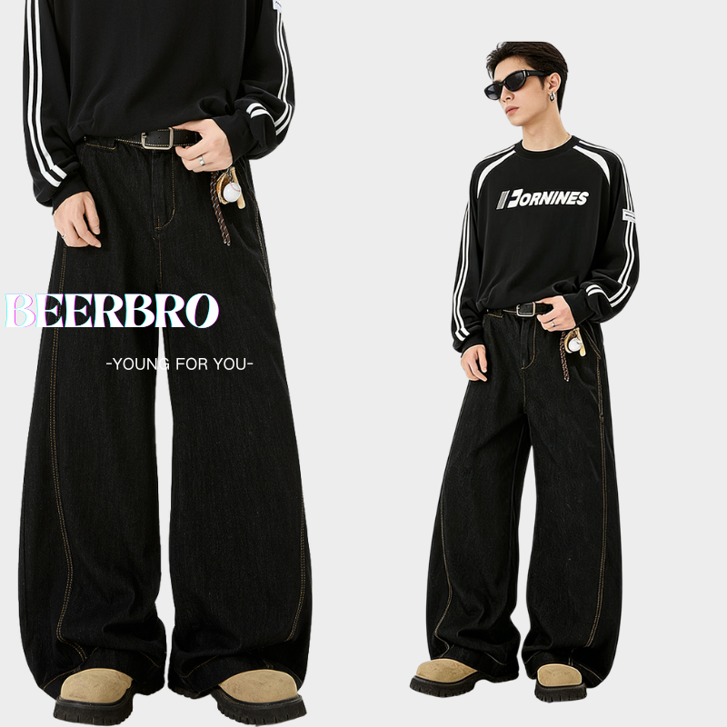 beerbroth-กางเกงยีนส์ขายาว เอวสูงทรงกระบอกใหญ่ สไตล์วินเทจ ขากว้างพิเศษแบบ Unisex baggy jeans