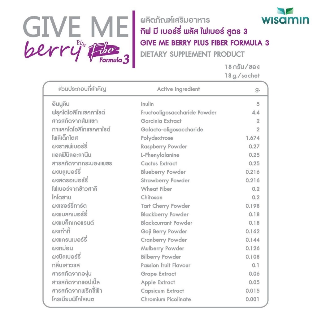 (ซื้อ 1 แถม 1) GIVE ME BERRY PLUS FIBER กีฟมี เบอร์รี่ ไฟเบอร์ พลัส สูตร 3 (ตราวิษามิน) จำนวน 2 กล่อง รวม 14 ซอง รูปที่ 5