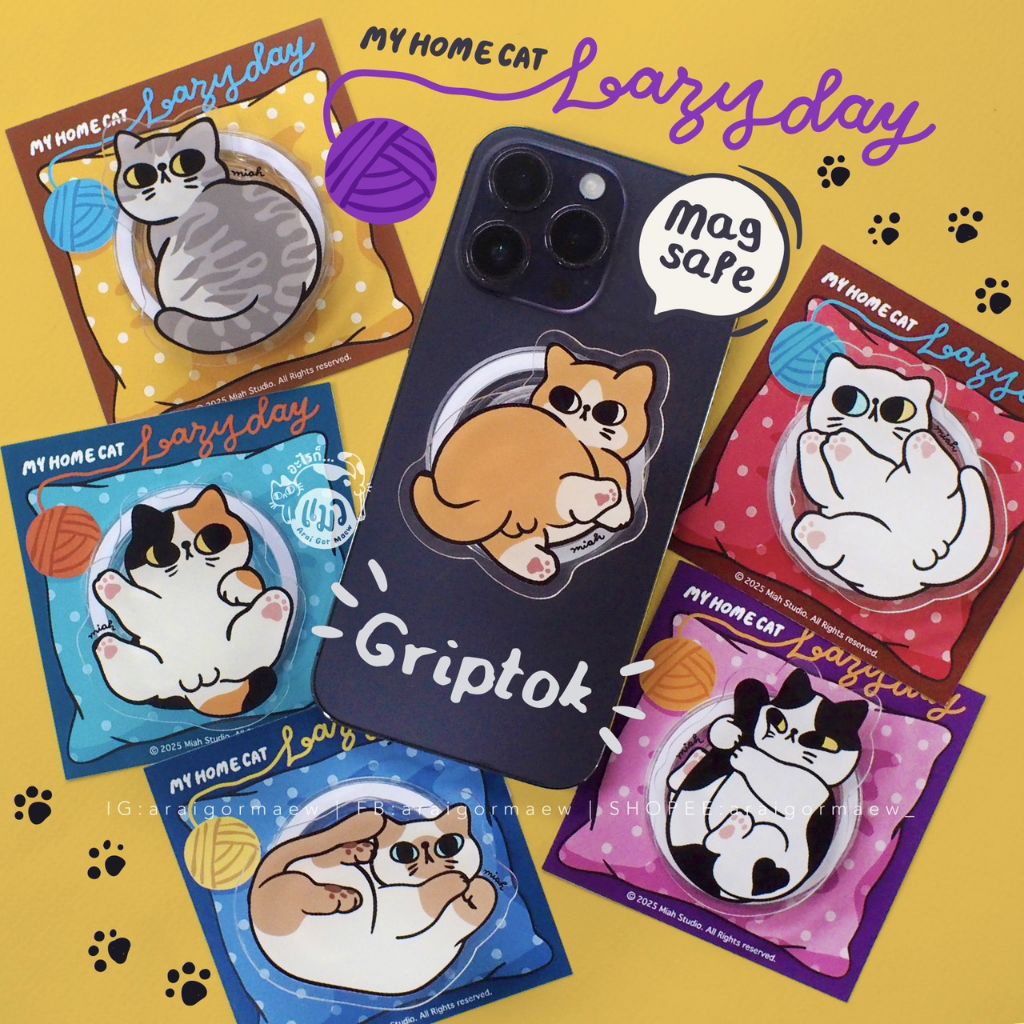 🛋️พร้อมส่ง🛋️Griptokแมว 6แบบ ที่จับมือถือฐานแม่เหล็ก MagSafe ชุด My Home Cat : Lazy Day 🧶 Acrylic Griptok by Miah Studio