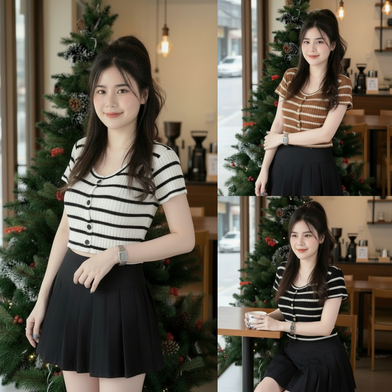 🌈SpinnyHouse🌈เสื้อครอป คอกลมแขนสั้น ผ้าไหมพรม สาวอวบใส่ได้ ทอลายสลับสี พร้อมส่ง รุ่น ทดสอบ