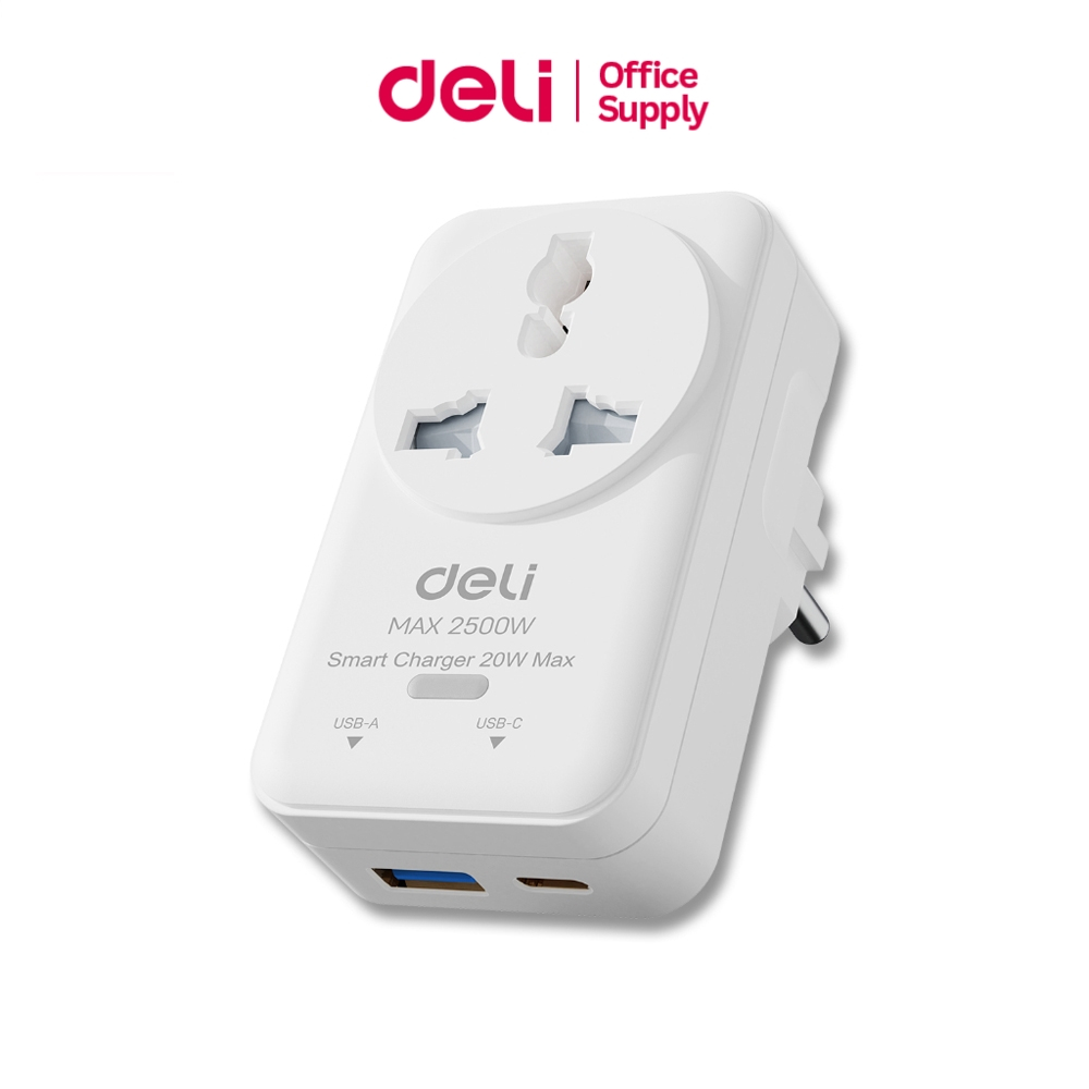 Deli อะแดปเตอร์ 2500W 12/20 วัตต์ ปลั๊กแปลงไฟ ขนาดพกพา หัวปลั๊กท่องเที่ยว ปลอดภัย Adaptor