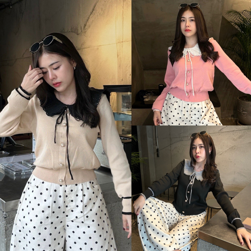 🌈SpinnyHouse🌈เสื้อกันหนาว ผ้าไหมพรม  แต่งคอปกกระดุม สาวอวบใส่ได้ พร้อมส่ง รุ่น ยอดนิยม