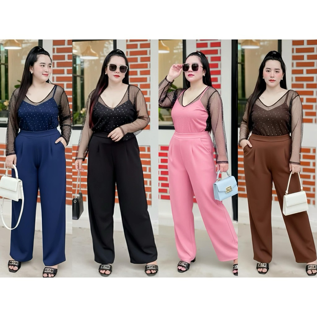 ชุดเซ็ต3ชิ้น เสื้อผ้ามุ้งกริตเตอร์แขนยาว+สายเดี่ยว+กางเกง สำหรับสาวอวบอ้วนใส่ออกงาน ใส่เที่ยวกลางคืนแซ่บๆ