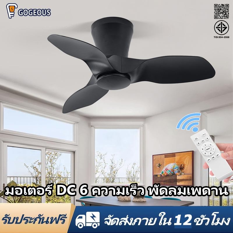 GOGEOUS พัดลมเพดาน 24นิ้ว พัดลมติดเพดานไม่มีโคมไฟ ลมแรงมาก มอเตอร์ DC เงียบประหยัดพลังงาน ปรับลม 6 ระดับ ควบคุมด้วยรีโมท