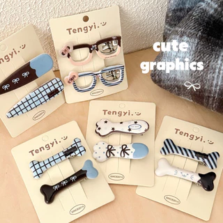 Cute 461 กิ๊บติดผม กิ๊บหนีบผมลายกราฟฟิค โทนฟ้าตาล 2 ชิ้น/แพ็ค