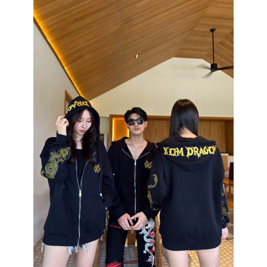XOM606 เสื้อแจ็คเก็ต มีฮู้ดปักอักษร ปักลายแขนมังกร ร้านโอม
