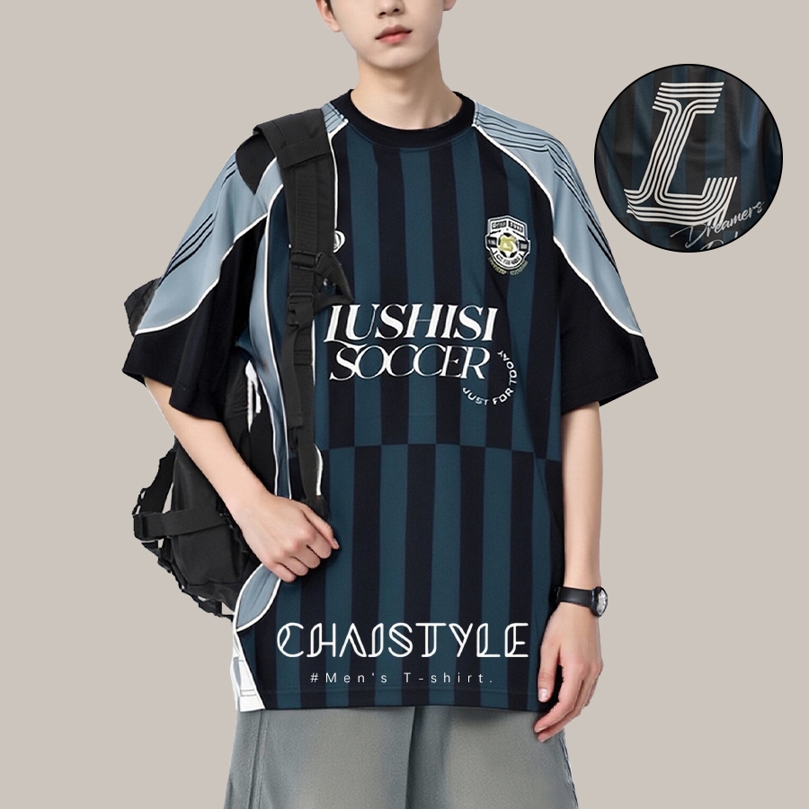 Chaistyle เสื้อเจอร์ซีย์สไตล์อเมริกัน แนววินเทจ แขนสั้น พิมพ์ลายตัวอักษร สีต่อ คอกลม สีต่อ แฟชั่น แบบหลวม