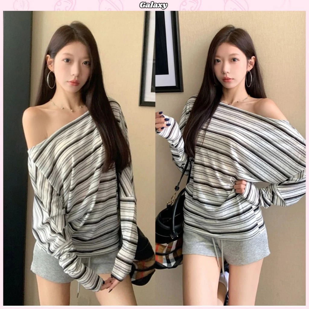 เสื้อลายทาง เสื้อเปิดไหล่ สาวเเซบ ใส่แล้วดูผอม สไตล์ลำลอง แมทช์ง่ายมาก #020419