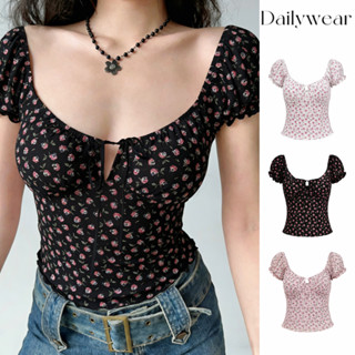 Dailywear✨เสื้อยืดพิมพ์ลายดอกไม้สวยงามอ่อนหวาน ดีไซน์ผูกเชือ…