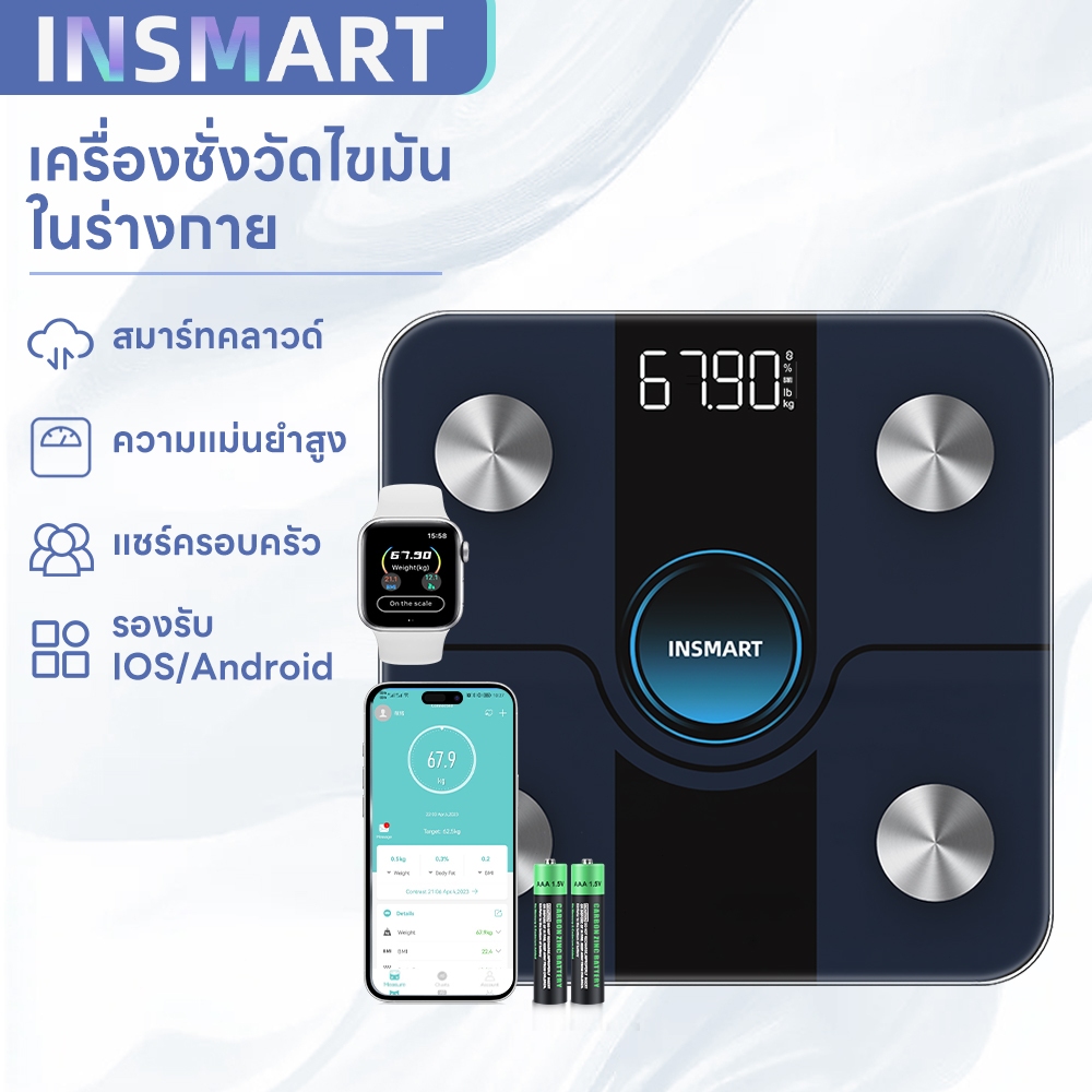 INSMART เครื่องชั่งน้ำหนักและวัดไขมันอัจฉริยะ เครื่องชั่งดิจิตอลแม่นยำสำหรับบ้าน จอแสดงผล LED เชื่อมต่อแอปผ่านบลูทูธ