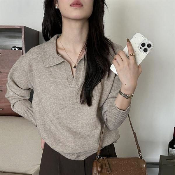 CHILI#เสื้อไหมพรมสตรีสไตล์เกาหลี คอปก รุ่นฤดูใบไม้ร่วง-ฤดูหนาว ดีไซน์โปโลลำลอง#88046 - รูปที่ 3