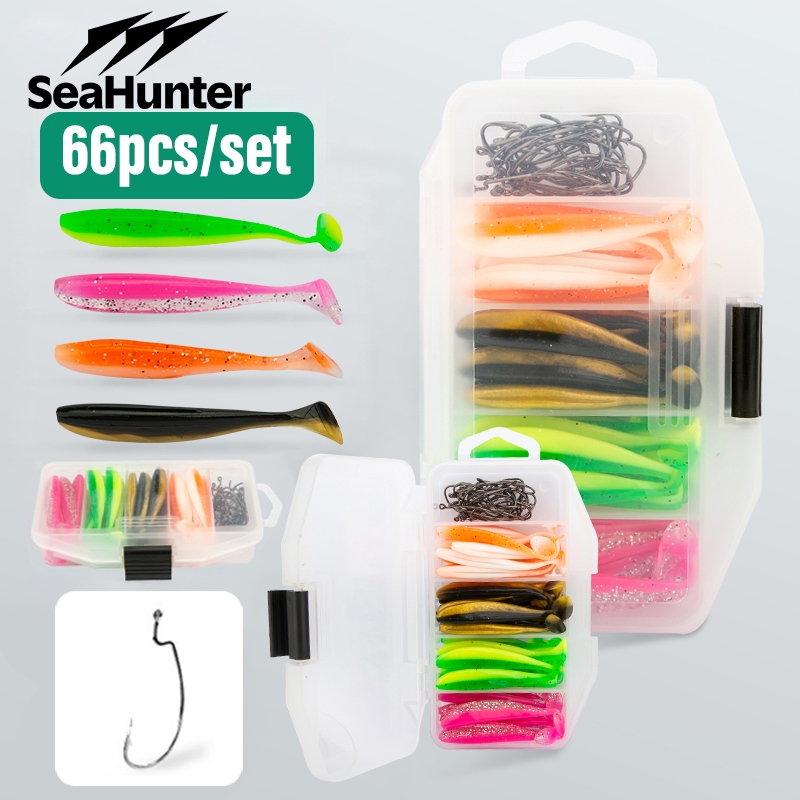 66 ชิ้น/เซ็ตชุดเหยื่อตกปลา SeaHunter 40 ชิ้น T-Tail Soft Lures & 25 ชิ้น Hook พร้อมกล่องเก็บ