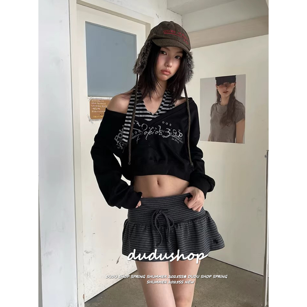 [Striped color-blocked mini skirt]เกาหลีรุ่นวินเทจเทรนด์ผู้หญิงลำลองลายชนกับมินิกระโปรงสี