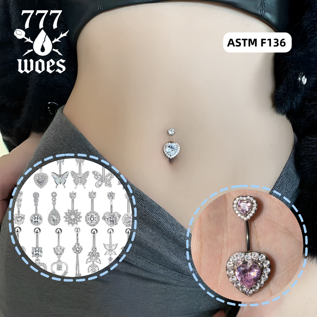 เกรดแพทย์G23ไทเทเนียมจิวสะดือห่วงสะดือลายดอกไม้หัวใจผีเสื้อเพชรCZแบบห้อยระยิบระยับมากเม็ดใหญ่แวววาว