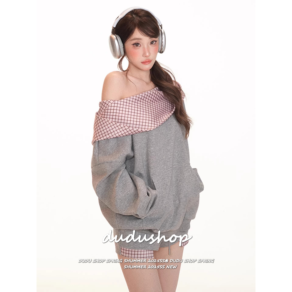 [Plaid casual two-piece set]เสื้อฮู้ดแขนยาวลายสก็อตและกางเกงขาสั้นสไตล์เรโทรลำลองอเมริกันสำหรับผู้หญิง