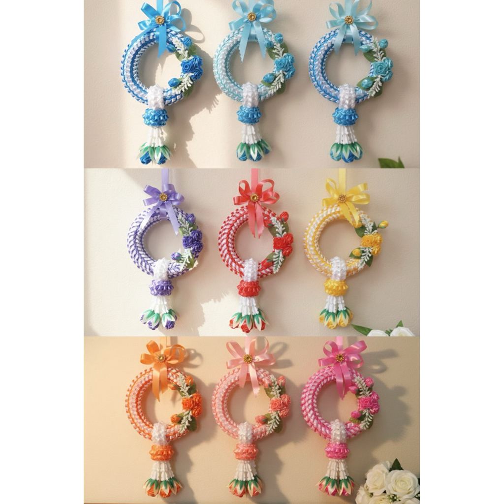 (ขนาดใหญ่) พวงมาลัยหน้ารถ, มาลัยริบบิ้น, พวงมาลัยมงคล, ของขวัญ, แฮนด์เมด, สีพาสเทล, แขวนรถ