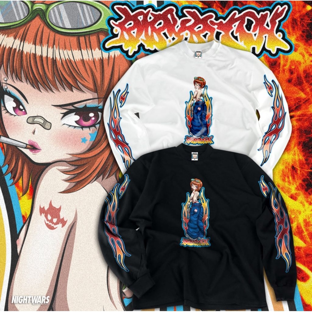Night wars : Julia /Long Sleeve Black & White Cotton 100% เสื้อยืดแขนยาว สีขาว ดำ