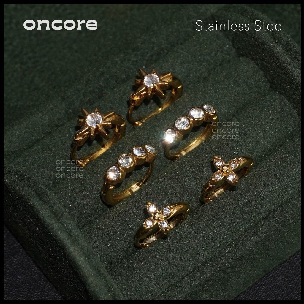 Oncore | ต่างหูสแตนเลสสีทอง ต่างหูห่วงเพชร cz รูปดาว ใส่ติดหู ใส่ไปงาน ใส่อาบน้ำได้ (Nickel-Safe)