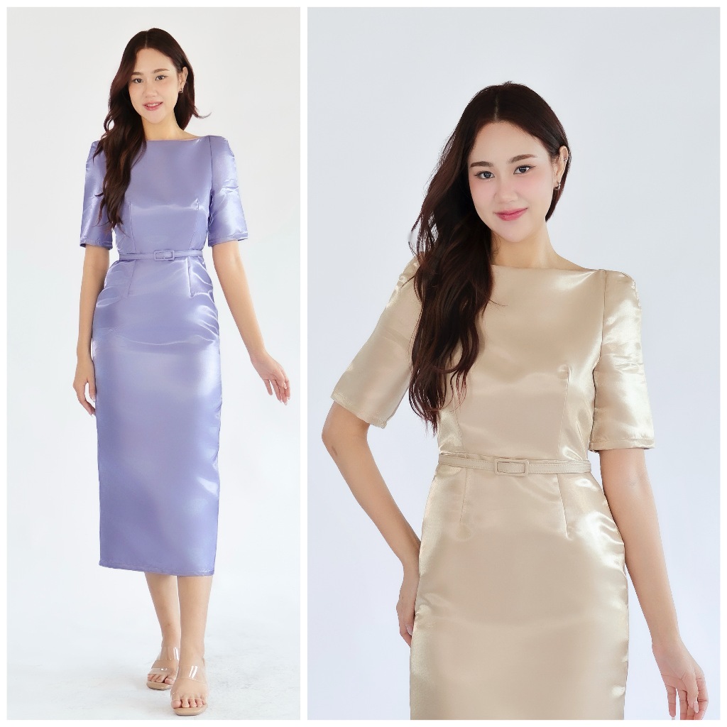 LX4216 เดรสแขนศอก คอปาด กระโปรงสอบ ผ้าsilk งานพิธีการ ชุดออกงานทางการ ทรงสุภาพ ชุดพิธีการ  [LUXURY707]