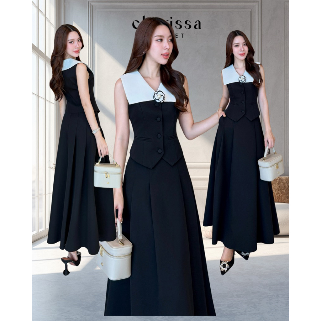 20900 เซ็ทกระโปรง+เสื้อแขนกุด ปกเข็มกลัดดอกไม้ (เขียวพาสเทล/น้ำตาล)